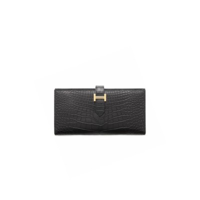 HERMÈS BEARN SOUFFLET LONG WALLET, BLACK GOLD HARDWARE, MATTE ALLIGATOR LEATHER (17.5*9cm)